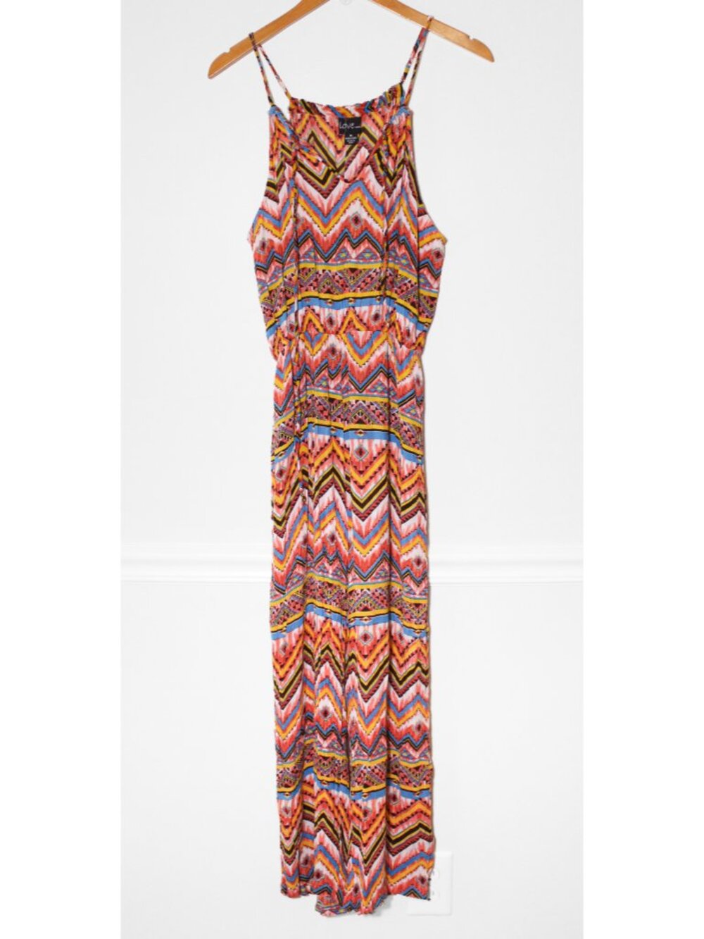 Love by Chesley Aztec Print Jumpsuit Crinkle Rayon Lightweight Beach Coral Sz M